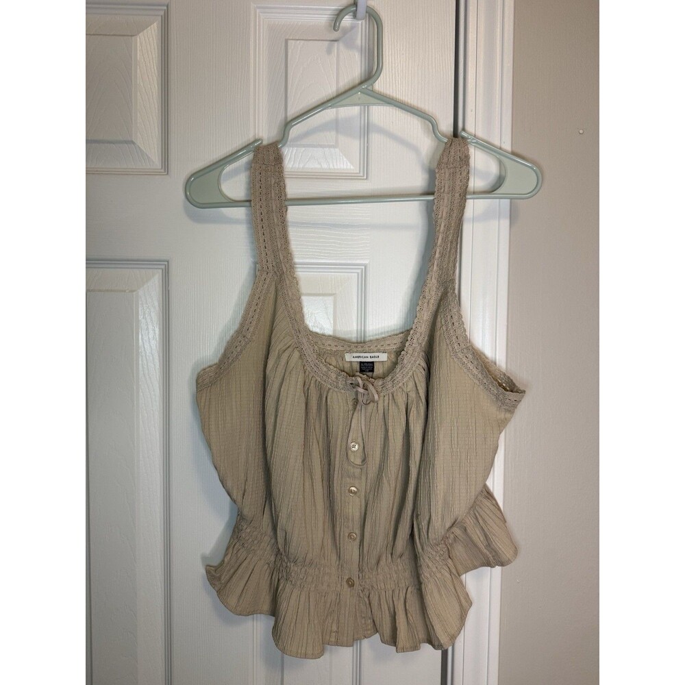 American Eagle Women's XL Tan Gauze Peplum Tank Top Crochet Trim Boho Button